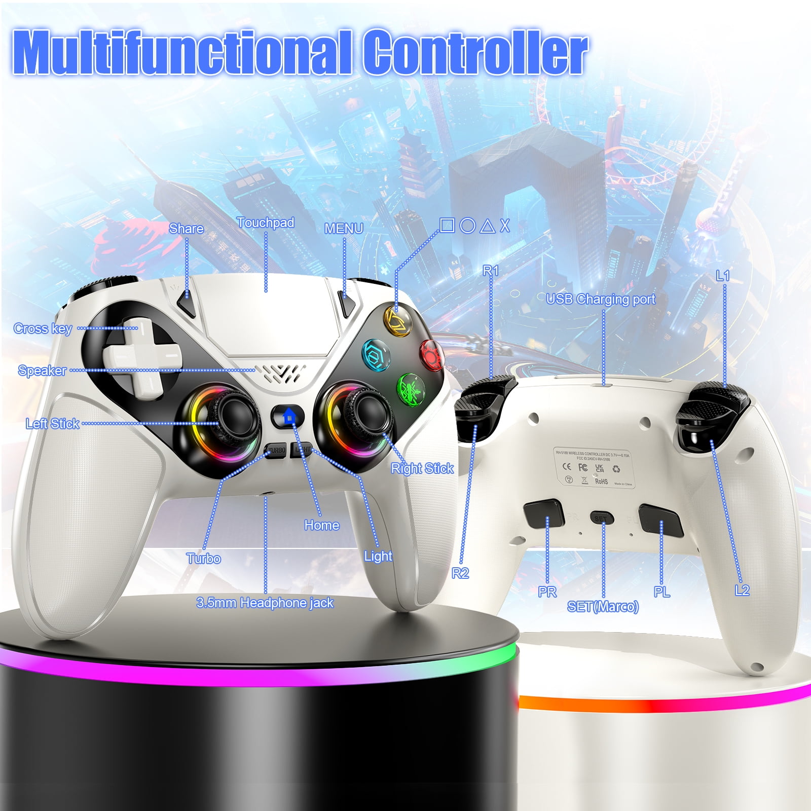 LED Wireless Controller for PS5, Compatible with PS5 Pro/Slim/PC, Dual Vibration, Macro/Turbo Function, 3.5mm Audio Jack, 6-Axis Motion Contro Gamepad with Speaker