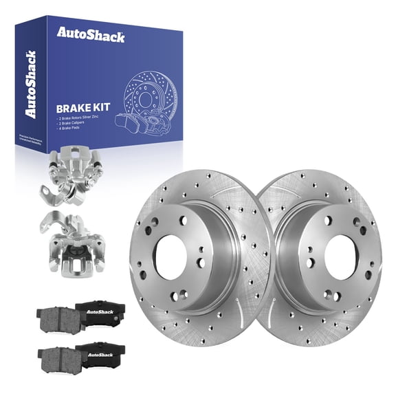 AutoShack Rear Brake Rotors, Ceramic Pads & Calipers for Honda, Civic 2006-2015, FWD L4 1.3L 1.8L 2.0L 2.4L - Silver Zinc Coated Drilled & Slotted - SilverShield Pro - 10.26" (260.5 mm), 5-Lug