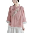 thumbnail image 2 of Embroidered 3/4 Sleeve Boho Tops Lightweight Linen Blouses For Women Gauze Shirts Chinese Frog Casual Blouses Oversized Linen Shirts For Women Summer Blouses For Women Chinese Frog Button Tees Pink, 2 of 5