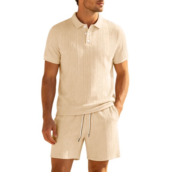JUUYY Men's 2 Piece Casual Sets Solid Textured Short Sleeve Button Up Collared Shirts and Drawstring Shorts Set Summer Outfits Khaki XL