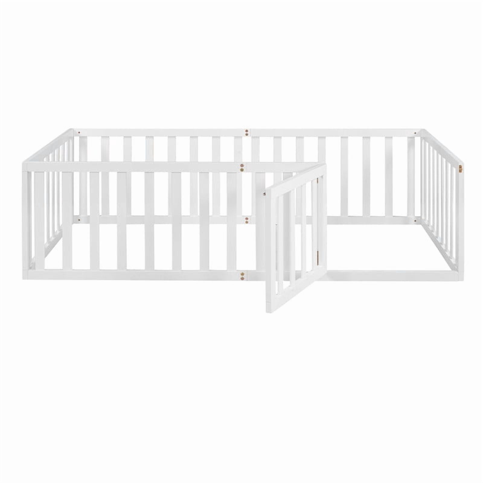 Twin Size Floor Bed Platform Bed with Fence and Door, Wood Montessori Bed Toddler Bed Playhouse Bed for Boys Girls, No Slats