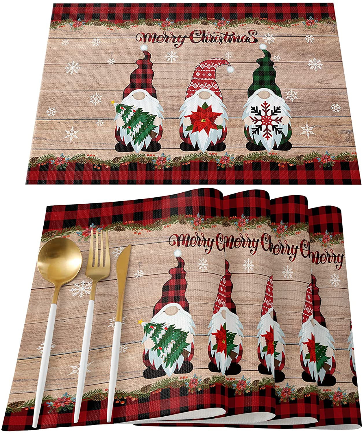 Christmas Placemats Set of 6 Red Buffalo Table Mats Merry Xmas Cotton Multi-3 