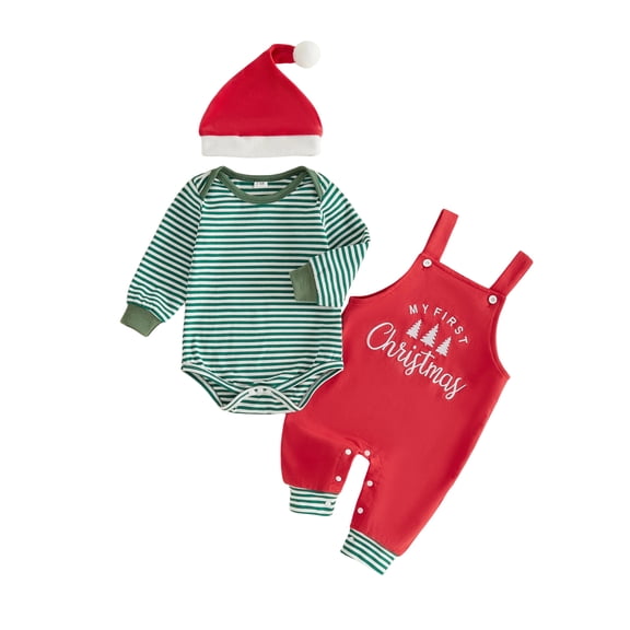 Cjfdfy Newborn Baby Boy Girl Christmas Outfits First Christmas Embroidery Stripe Long Sleeve Romper With Overalls Pants Santa Hat 3-piece Set Infant My First Christmas Fall Winter Outfits
