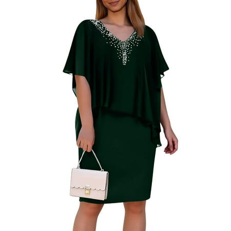 T Shirt Dress  Chiffon Plus Size Summer Solid Color V Neck Mid Sleeve Casual Dress Men Shoes Pink Party Dress Square Women Black Formal Dresses Masquerade For Dresses Outfits (3XL  Green) ZMTing