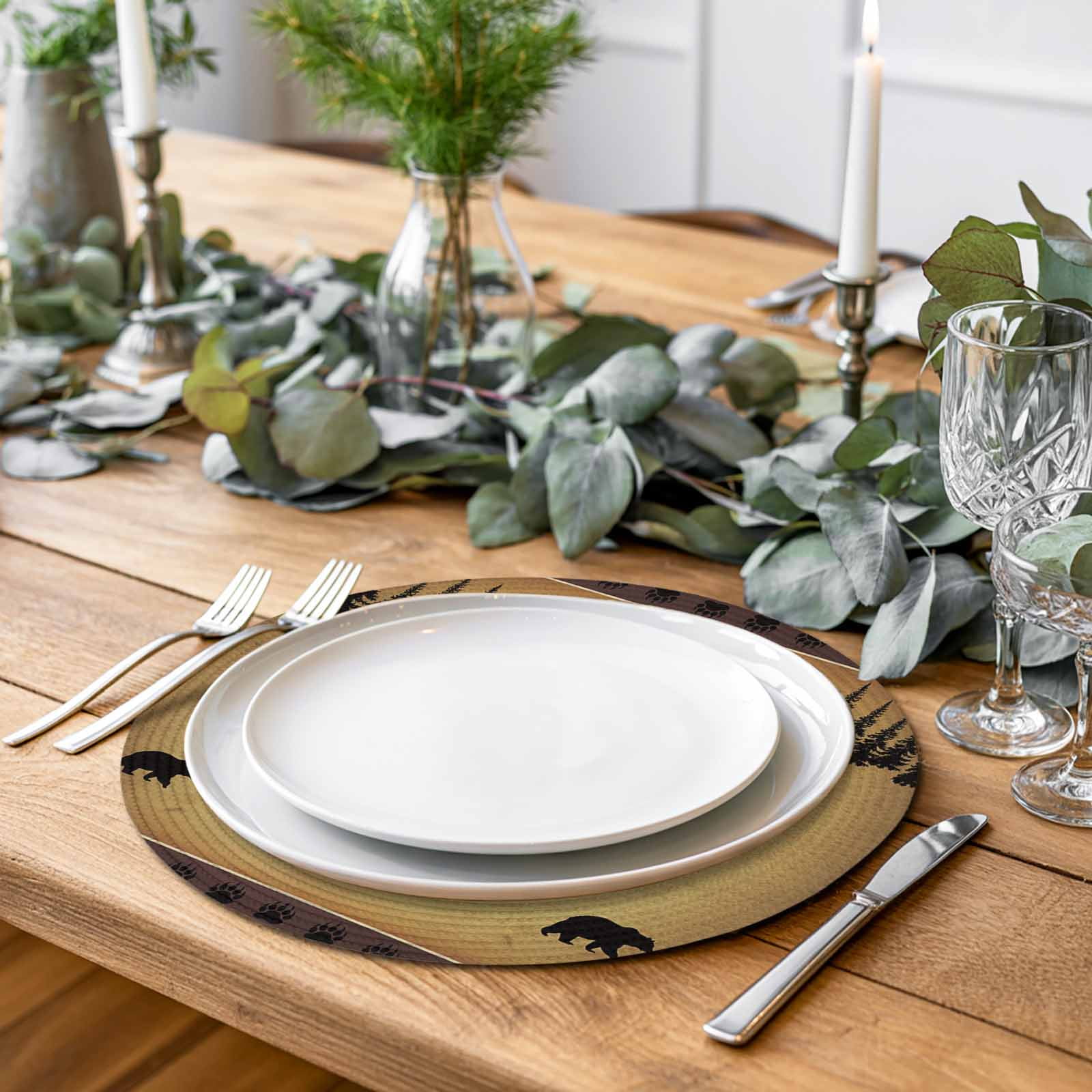 Black Vintage Forest Bear Round Table Placemats set of 6, Country Farmhouse Pine Washable Woven Place Mats for Dining Tables Kitchen Party Decor,Heat Proof, 13in, Brown
