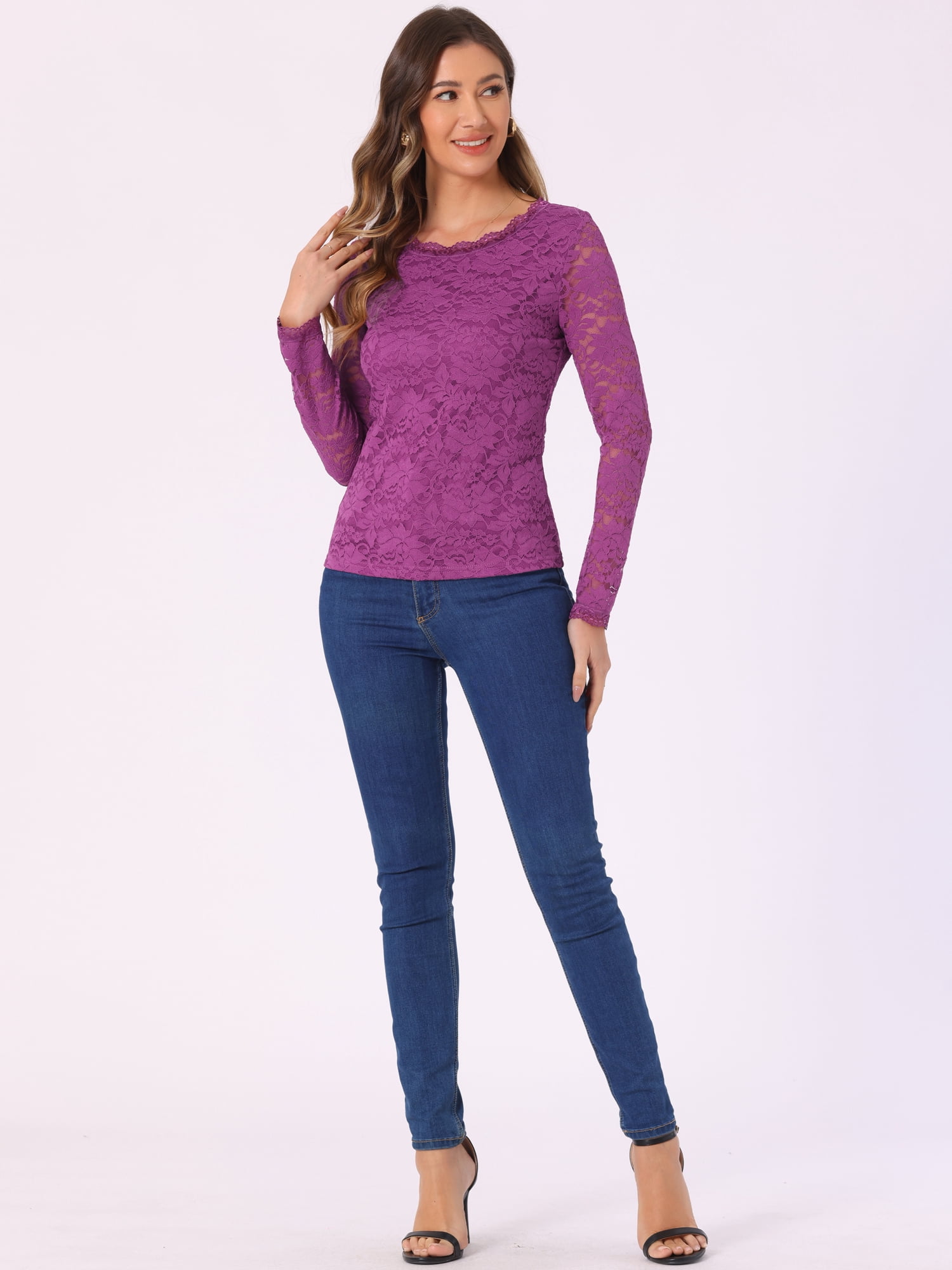 DARING DIVA Long Sleeves Flower Embroidery Lace Tops L Dark Purple