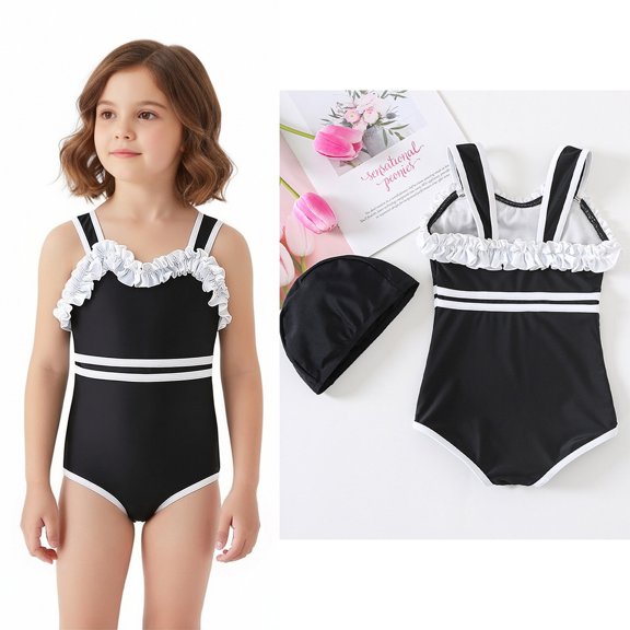 Swimsuit for Girls Ruffle 1 Piece Bathing Suit Quick Dry Swimwear with Matching Swim Cap Girls Swimsuit 1 Piece 8-9 Years