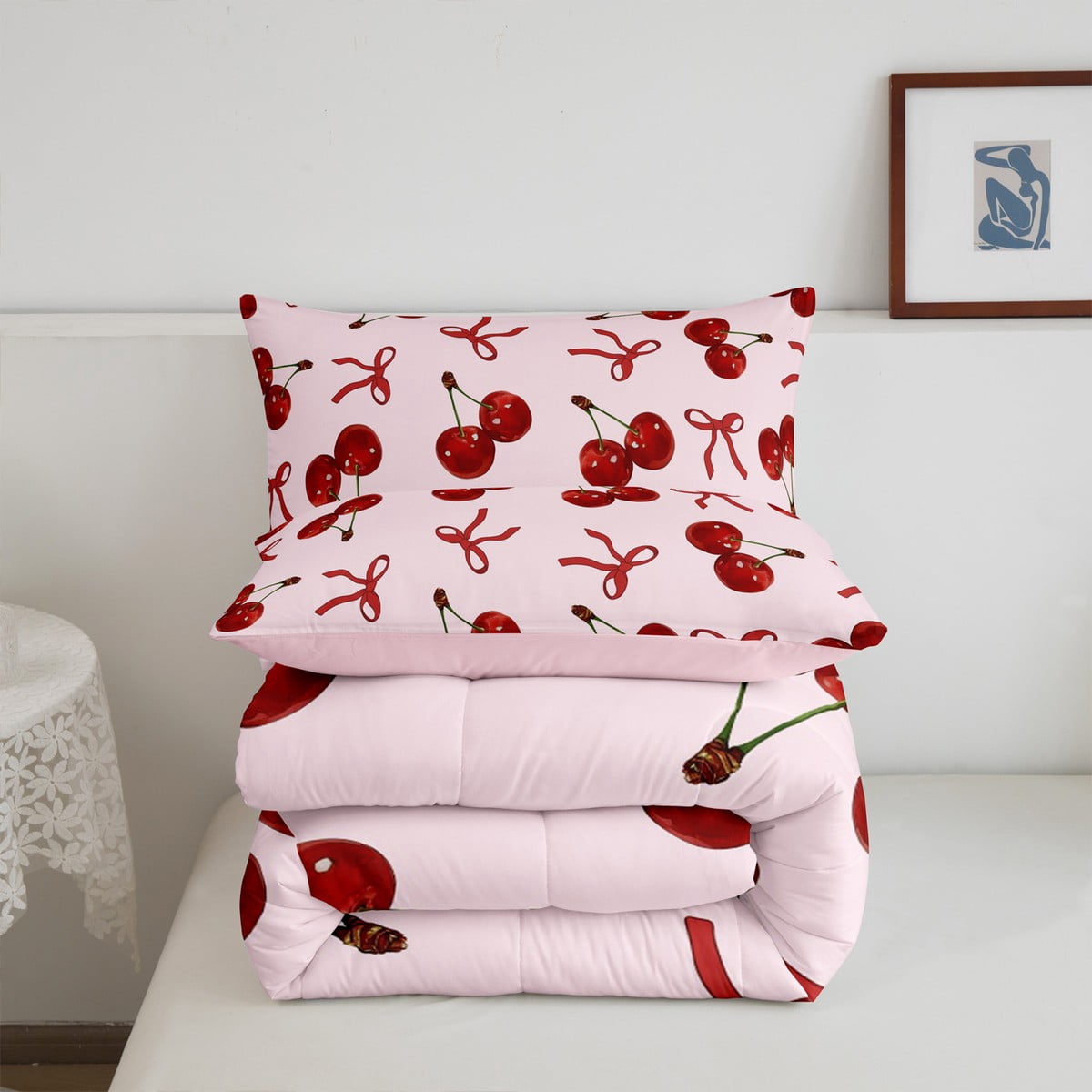 Erosebridal Dreamy Cherry Bedding Sets Queen with Comforter, Cartoon Bow Duvet Insert, Princess Style Decor, Microfiber 3 Pieces