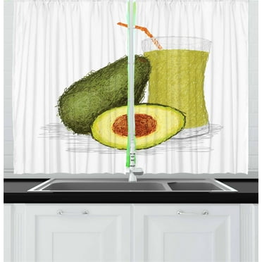 Ambesonne Avocado Kitchen Curtains, Fresh Avocado Smoothie, 55"x45", Orange Green Pale Green