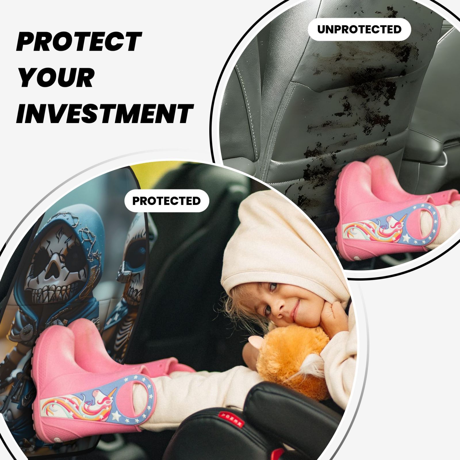 Kdxio Cute Skeletons Figurines Print 2 Pack Car Kick Mat Seat Cover Back Protector Mat with Pockets for Organizer Backseat Protector and Storage Anti Kick Pad for Vehicles