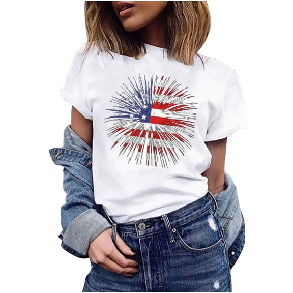 OAVQHLG3B 4th of July Outfits for Women American Flag T Shirt O-Neck Patriotic Shirts Print Short Sleeve Top T-Shirt Blouse