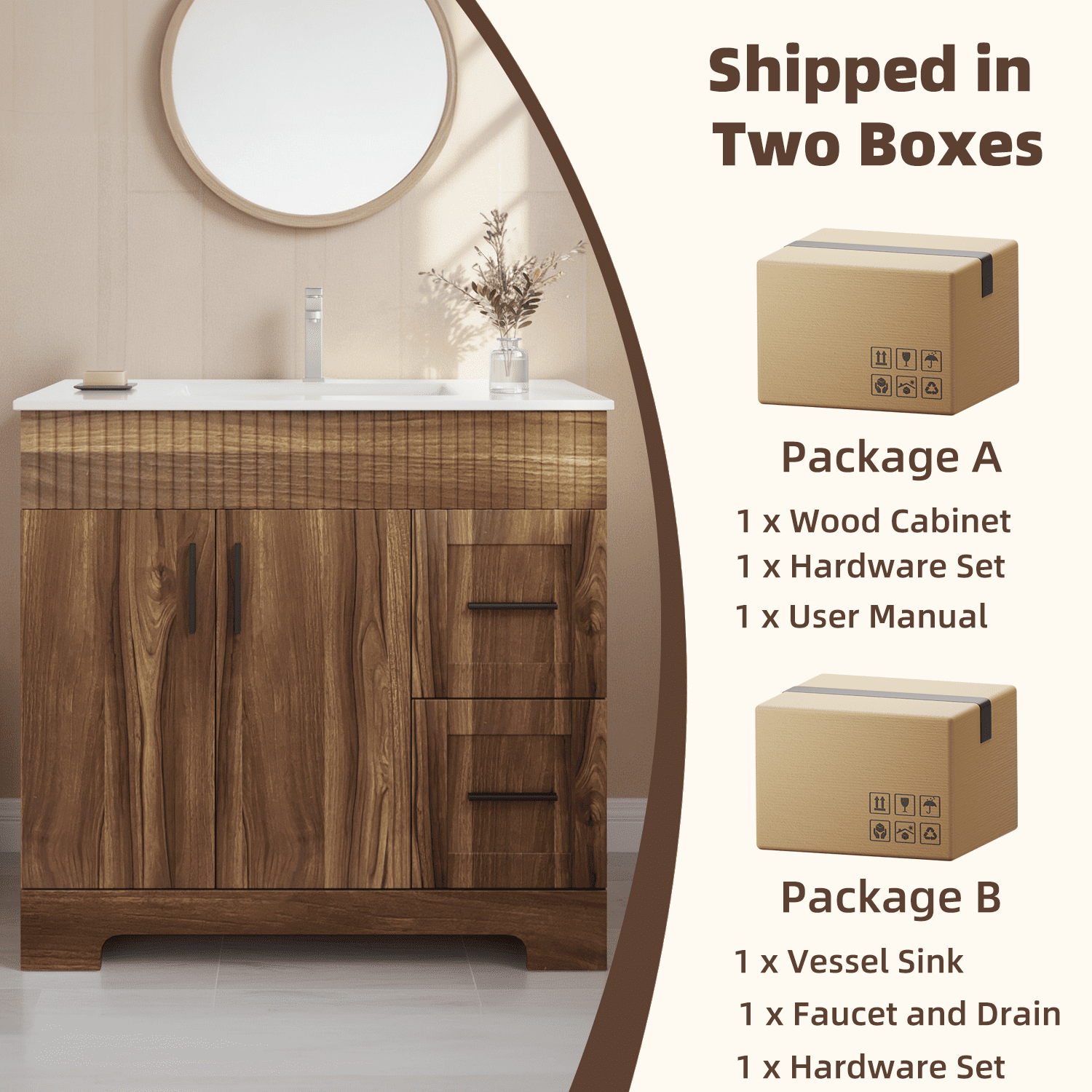 Richryce 36 Inch Bathroom Vanity with Ceramic Sink, Wooden Bathroom Sink Vanity with a Door & 2 Drawers, Freestanding Bathroom Sink Cabinet (Walnut)