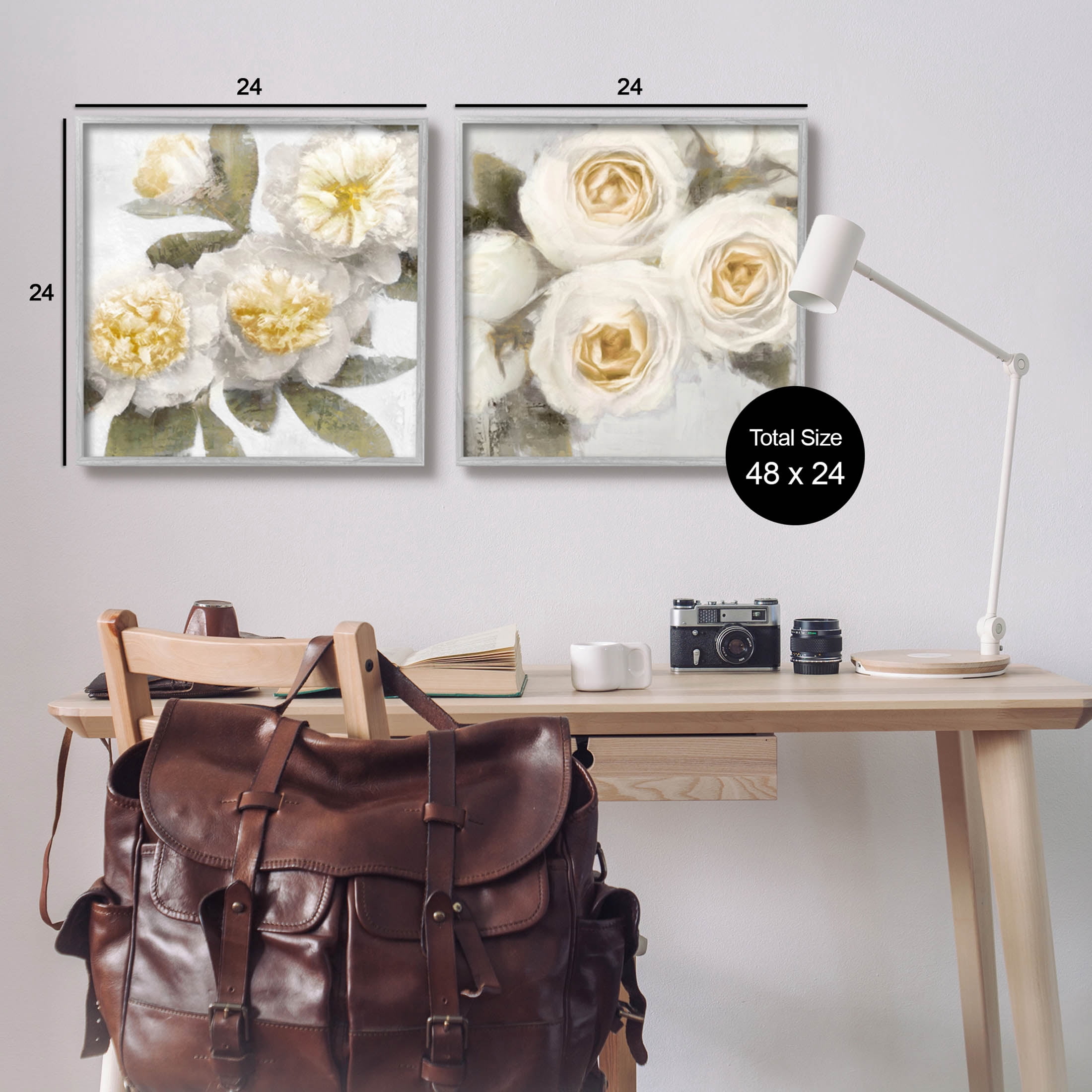 White Rose Flowers Traditional Botanical & Floral Graphic Art Gray Framed Art Print Wall Art, Set of 2