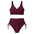 thumbnail image 7 of Miluxas Womens 2 Piece Solid Color Wrap Bikini Set V Neck Wide Straps High Waist Drawstring Ruched Vacation Bathing Suit Wine, 7 of 7