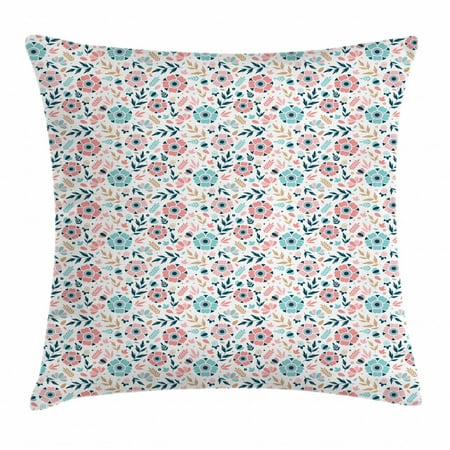 Hand Colored Floral Art - Floral Throw Pillow Cushion Cover, Soft Pastel Colored Hand Drawn Abstract Five Petal Flowers and Wild Herbs Design, Decorative Square Accent Pillow Case, 18 X 18 Inches, Multicolor, by Ambesonne