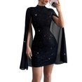 thumbnail image 2 of Women'S Elegant Long Sleeve Flutter Sleeve Bodycon Dress with Rhinestone Detail Step Skirt Black XL, 2 of 7