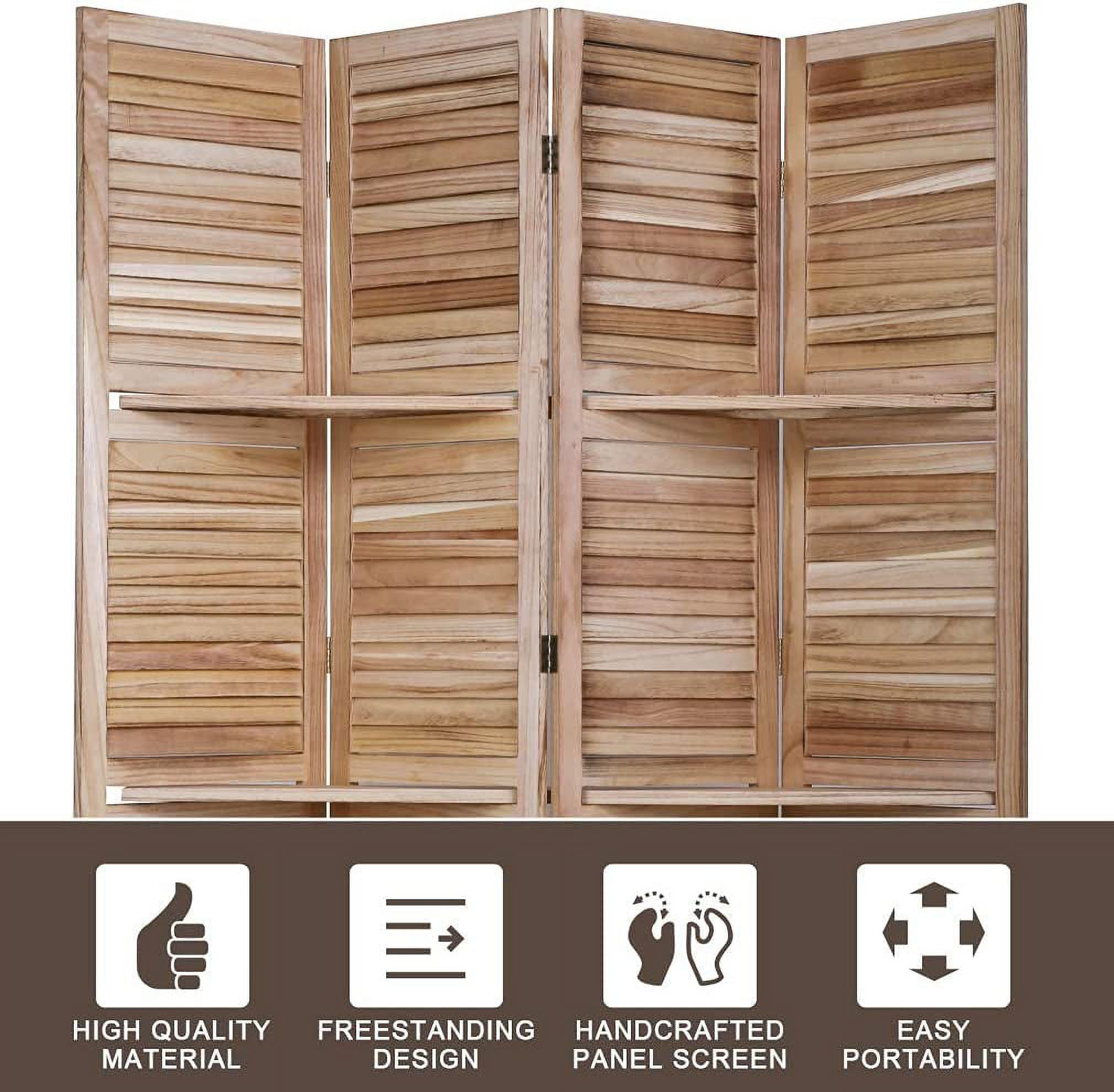 NiamVelo 4 Panel Wood Room Divider Folding Privacy Screen Portable Freestanding Room with 3 Shelves, Natural