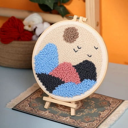 Punch Needle Embroidery Starter Kits for Kids and Adults Beginners with Punch Needle Tool Threader Stamped Fabric Embroidery Hoop Mountain Group & Birds Yarn Rug Punch Needle