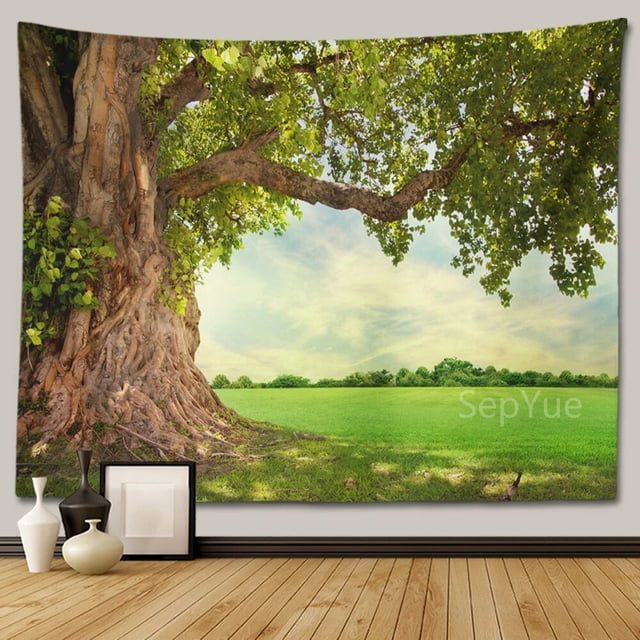 Tapiz de paisaje de árbol y bosque para colgar en la pared, decoración Hippie Boho, tapiz de tela grande, manta de tela estética para dormitorio