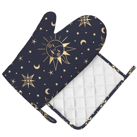 DouZhe Oven Mitts and Pot Holders Sets, Smile Face Sun Star Moon Prints Non-Slip Heat Resistant Kitchen Oven Silicone Glove