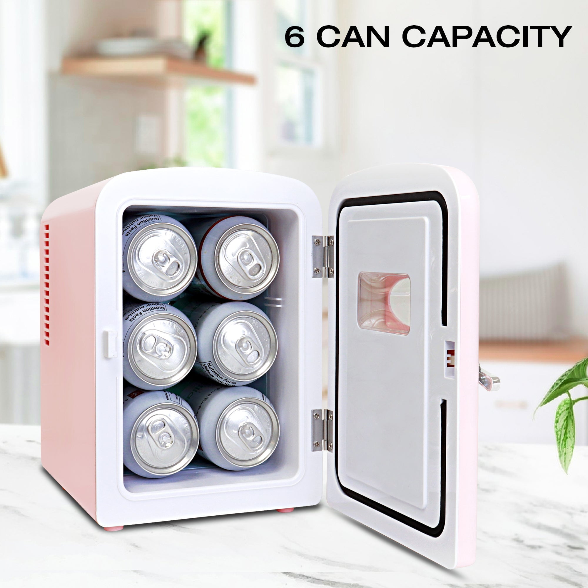 Koolatron Retro Mini Portable Fridge, 4L Compact Refrigerator for Skincare, Beauty Serum, Face Mask, Personal Cooler, Includes 12V and AC Cords, Desktop Accessory for Home Office Dorm Travel, Pink