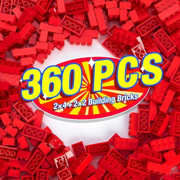 360 Pieces Building Bricks, Classic Basic Flats Parts and Pieces - 2x4 Brick x200 and 2x2 Brick x160, Moc Building Bulks Compatible with All Major Brands, Red