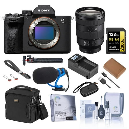 Sony Alpha a7 IV Mirrorless Camera with FE 24-105mm f/4 G OSS Lens, Bundle with 128GB Memory Card, Shoulder Bag, NP-FZ100 Battery, Charger Plate, Charger, Microphone, Tripod, Wrist Strap