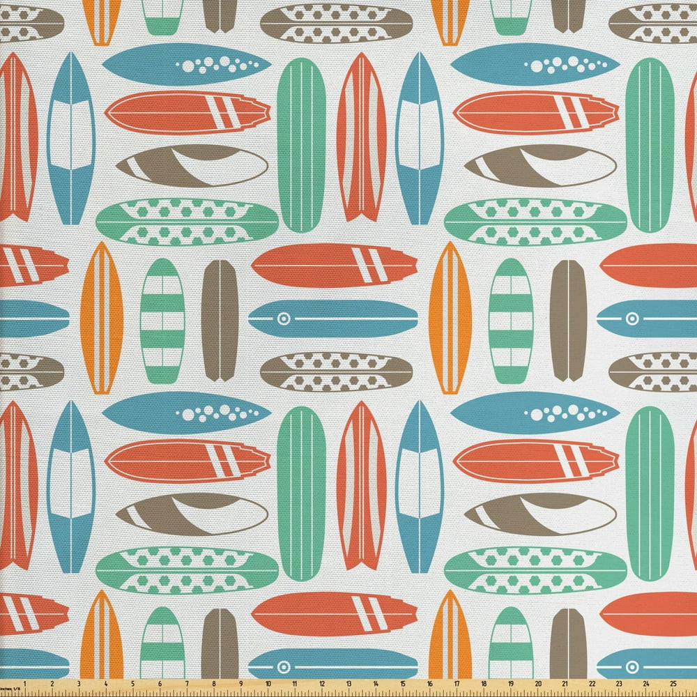 Surfboard Fabric by The Yard, Colorful Surfing Sea Pattern with Summer Travel Illustration in