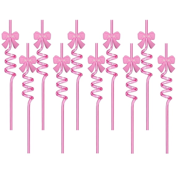 Pink Bowknot Spiral Straws, Cartoon Reusable Plastic Straws for Parties, Birthdays & Summer Drinks, Cute Decorative Drink Accessories for Celebrations