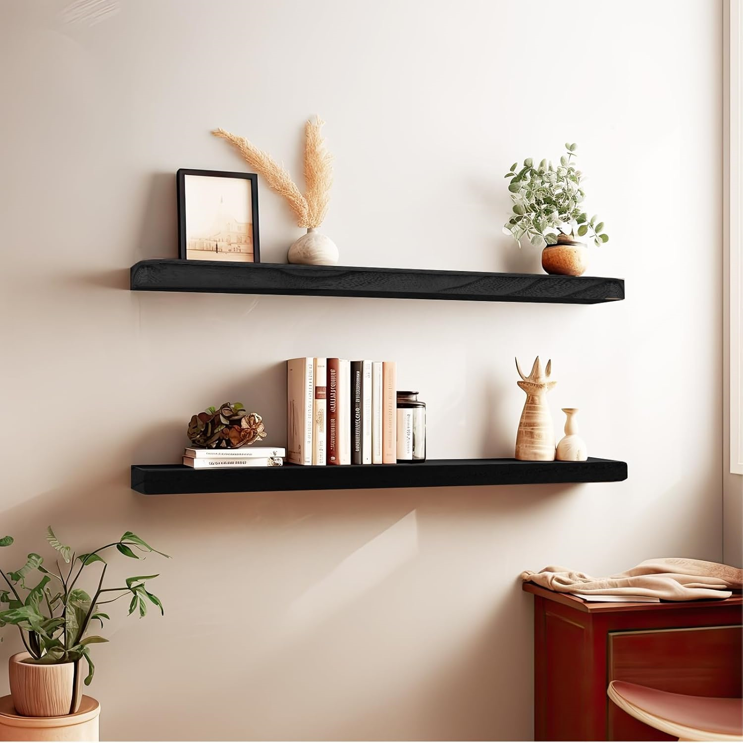 Floating Shelves 24 Inches Long, Set of 2 Rustic Wood Wall Mounted Shelves, Wall Picture Ledge Shelf with Invisible Metal Brackets for Living Room, Bedroom, Bathroom, Black