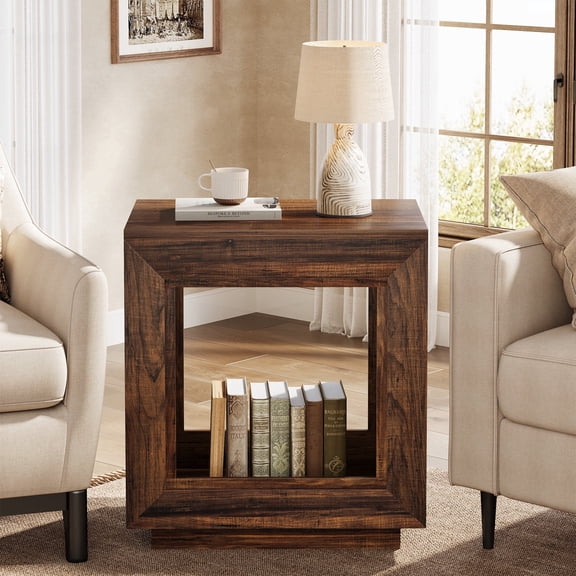 Fnova End Table Farmhouse Square Side Table with Storage, Wooden Sofa Table with Central Hollow Design, Modern Bedside Table, Easy Assembly, for Living Room, Bedroom, Nightstand, Dark Walnut