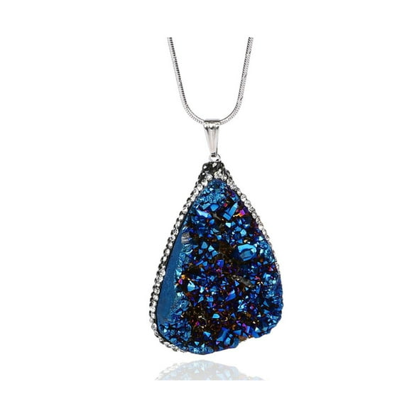 Silvertone Blue Crystal Geode Pendant Necklace