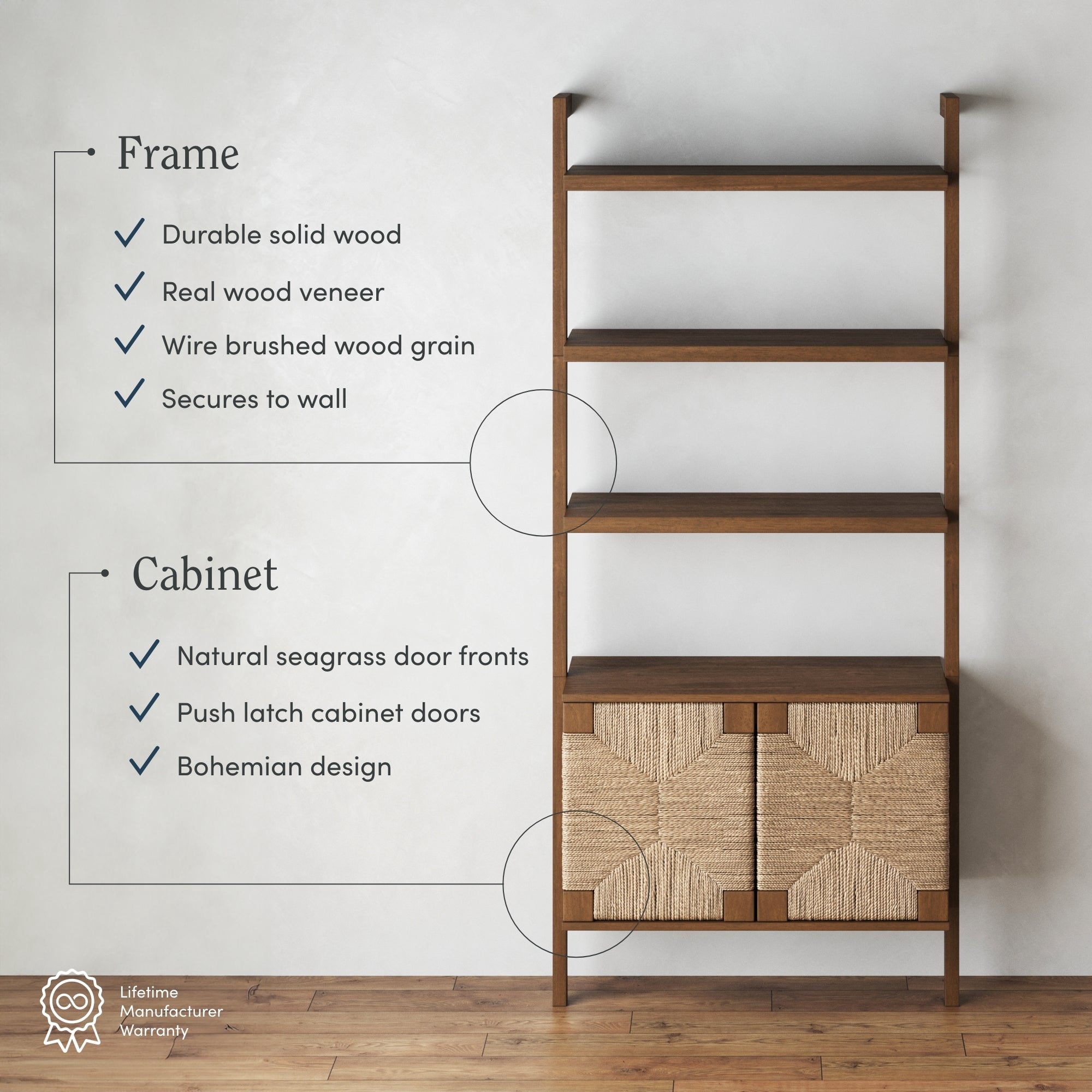 Nathan James Beacon 3-Shelf Bookcase with Seagrass Cabinet, Solid Wood Bookshelf with Storage with Solid Wood Frame, Seagrass/Dark Brown