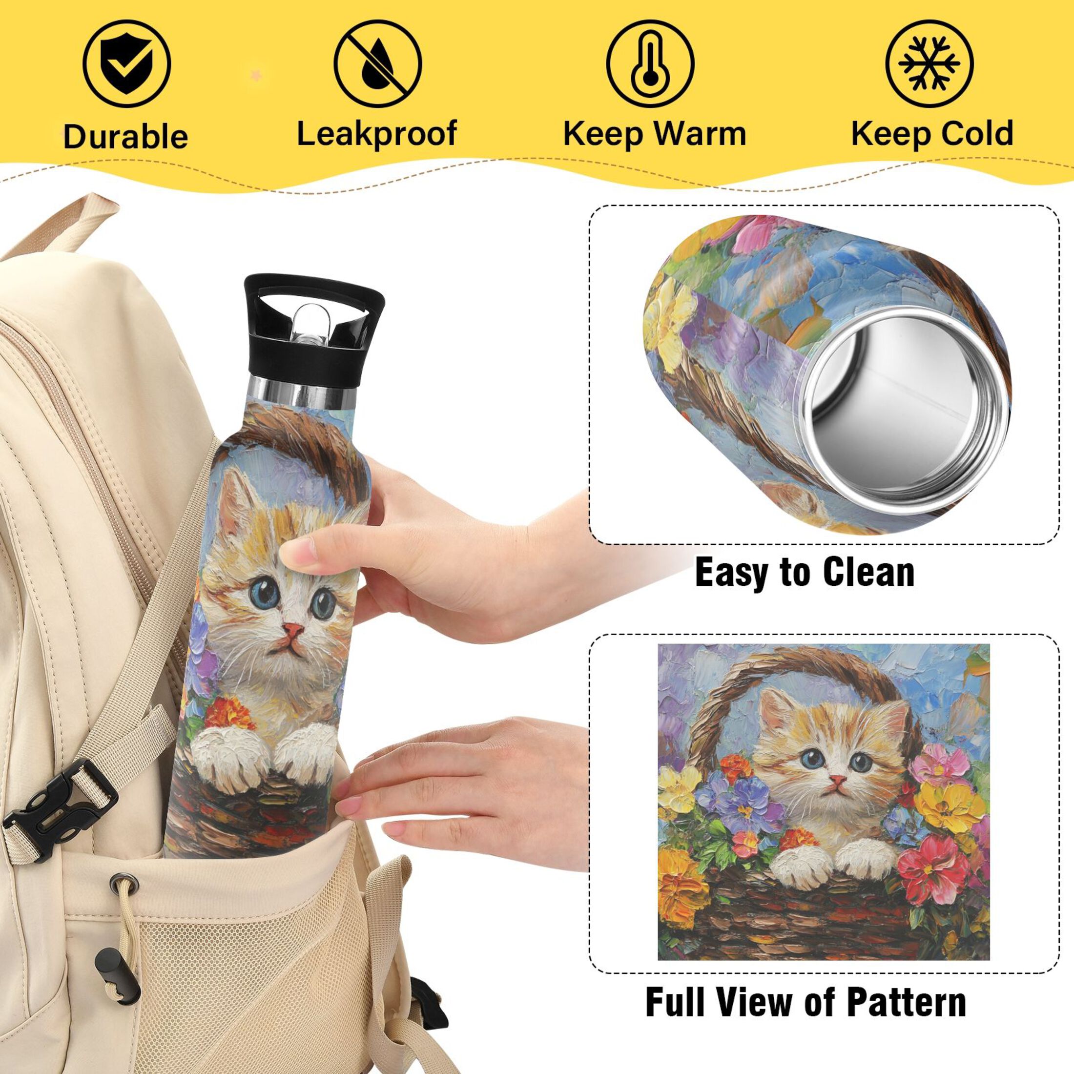 600ML Stainless Steel Insulated Cup Sports Water Bottle Portable Thermos Cup Water Glasses Insulated Tumblers Convenient and Durable Flower Basket Cat