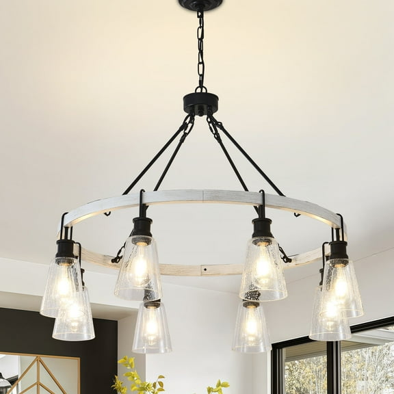 8 Lights Modern Farmhouse Wagon Wheel Chandelier with Seeded Glass, Adjustable Rustic Pendant Light for Dining Room, Kitchen Island, Entryway