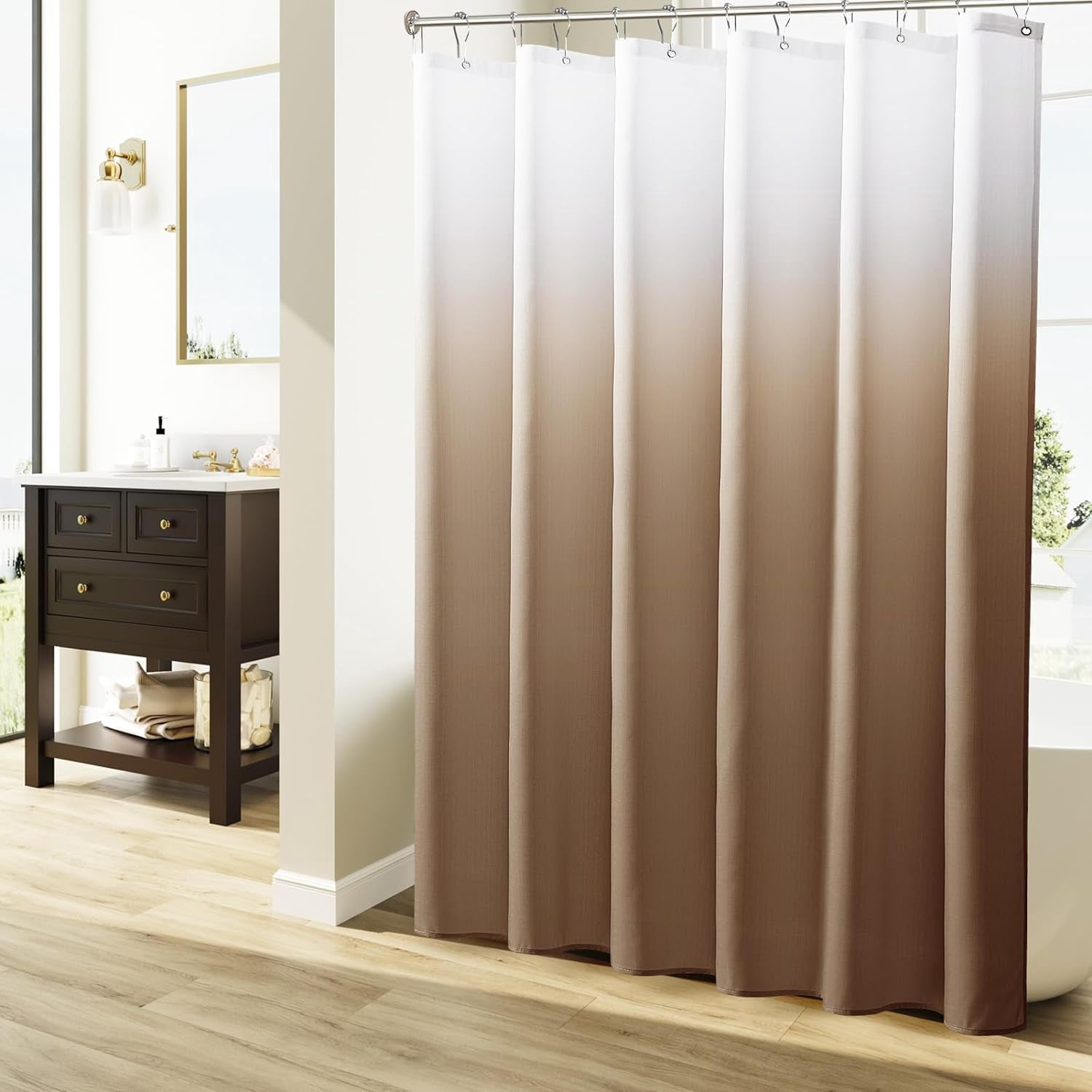 Brown Shower Curtain, Light Brown Bath Curtains for Bathroom, Ombre Linen Textured Shower Drape - Hotel Style, Tones Cloth Bath Curtain Set with 12 Hooks, 72" x 72"