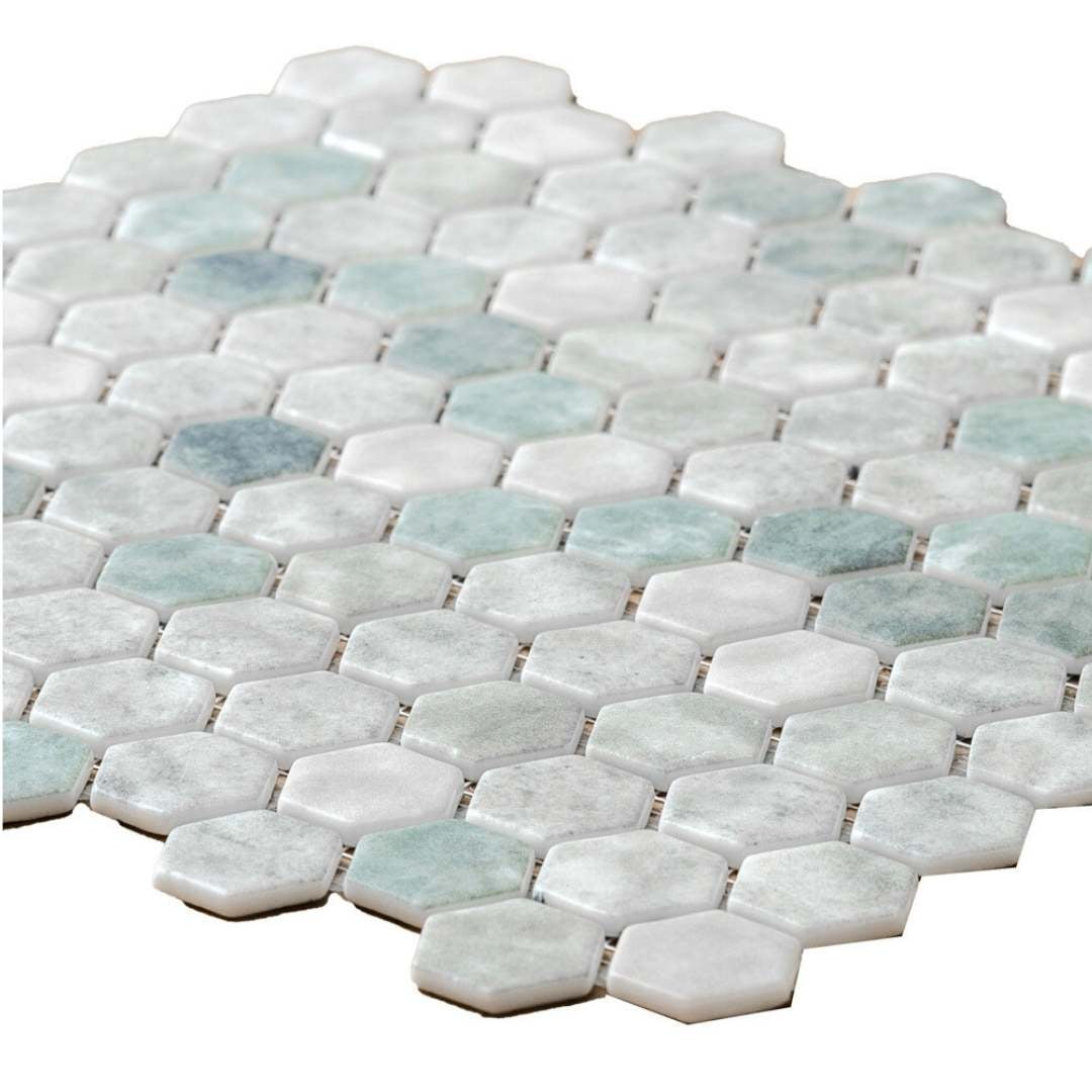 The Tile Life Eterna Hex 1" x 1" Hexagon Shabby Green Glass Mosaic Floor and Wall Tile 1 Sheet