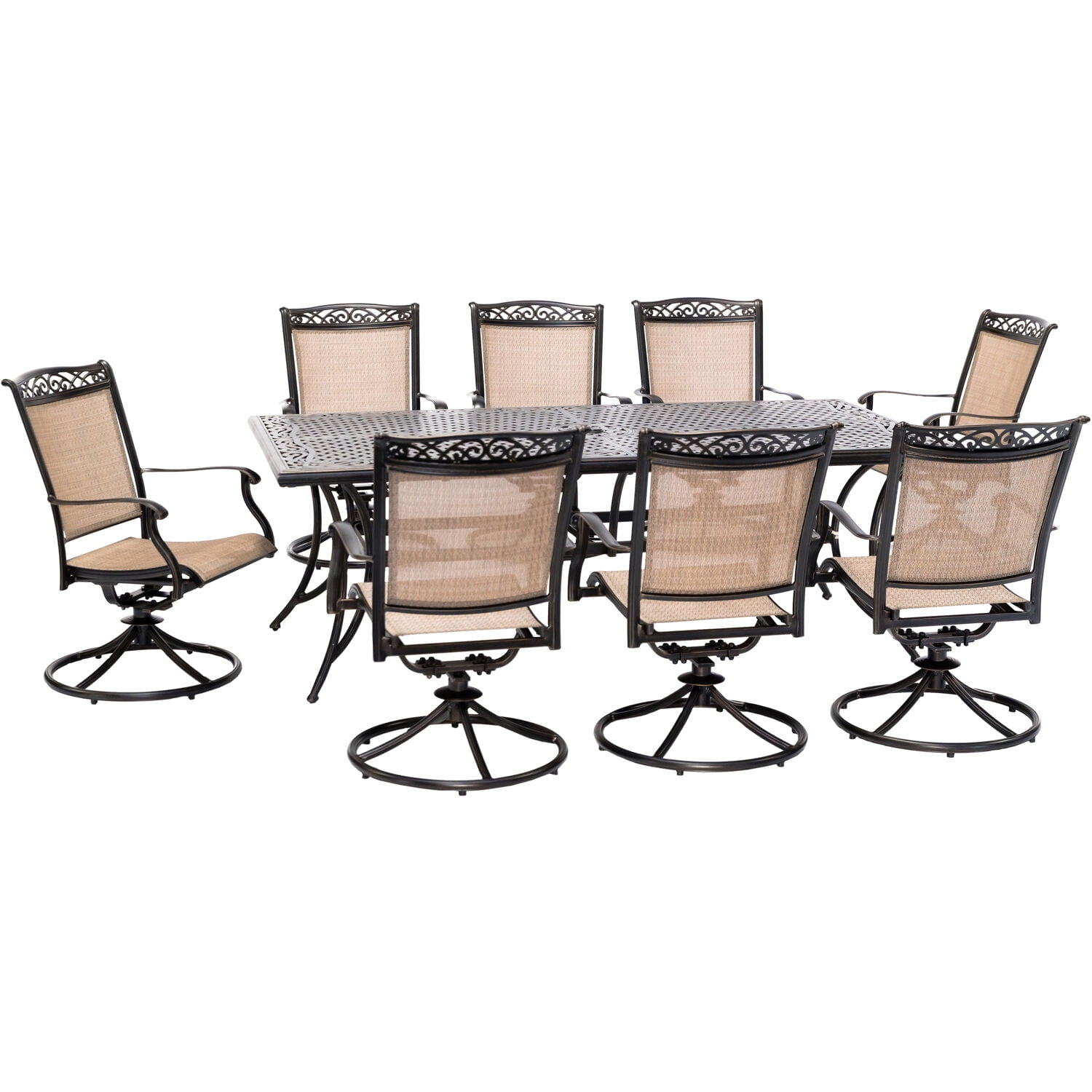 Hanover Fontana 9Piece Outdoor Dining Set with 8 Sling Swivel Rockers