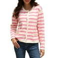 thumbnail image 4 of Cardigan à Rayures pour Femmes, Chandail Tendance à Manches Longues, Boutonné, Col Ras du Cou, Cardigans en Tricot, 4 of 8