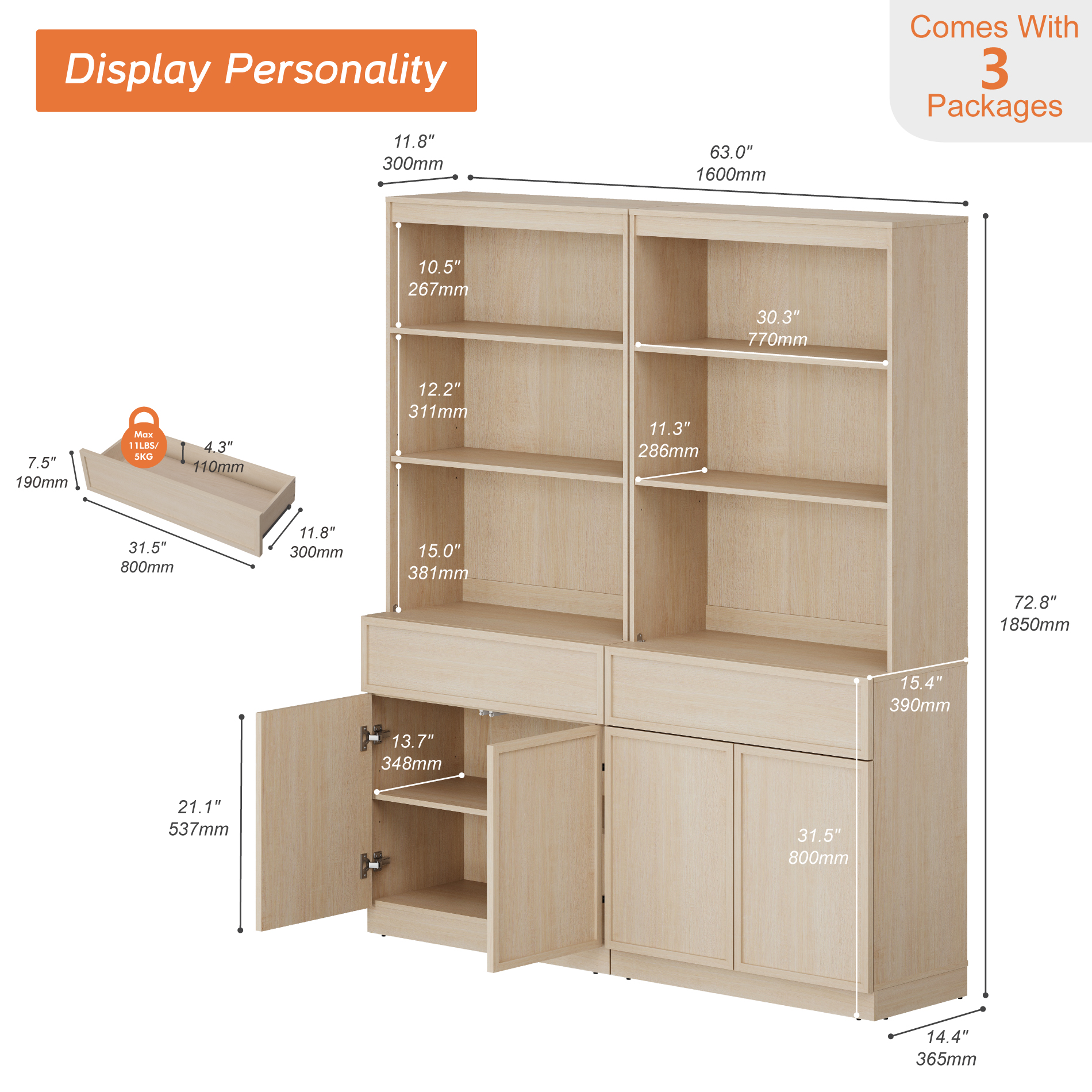 Modern 72" Tall Bookcase with Doors, Drawers & Adjustable Shelves, Wood Bookcase with Storage Cabinet and Open Shelving,Beige