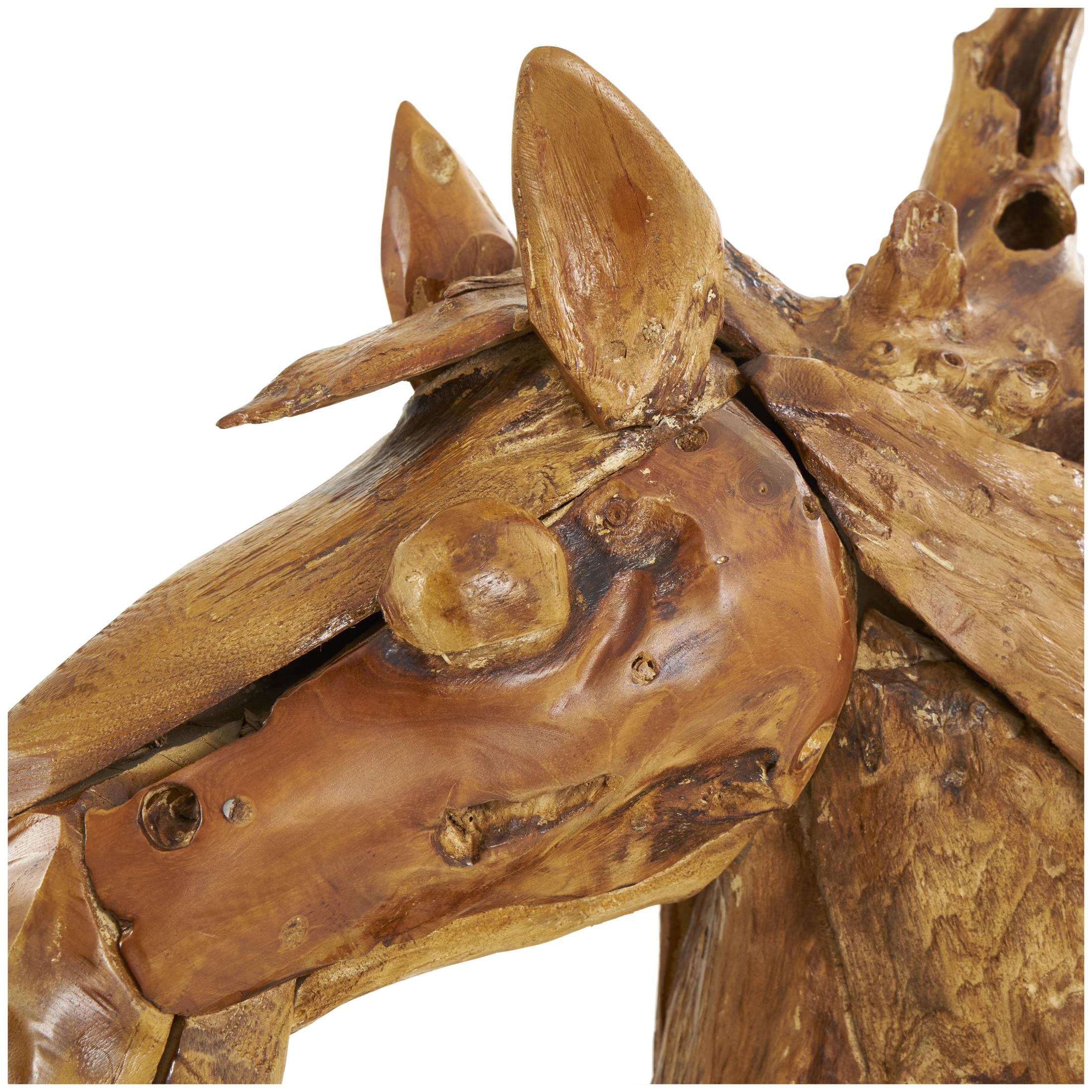 25" x 23" Brown Teak Wood Handmade Horse Sculpture, by DecMode