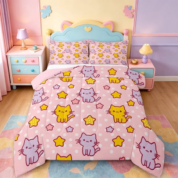jejeloiu Pink Star Cat Polka Dot Full Size Comforter Sets Kids,Lovely Kitten Print Bedding Sets,Reversible,3 Pieces