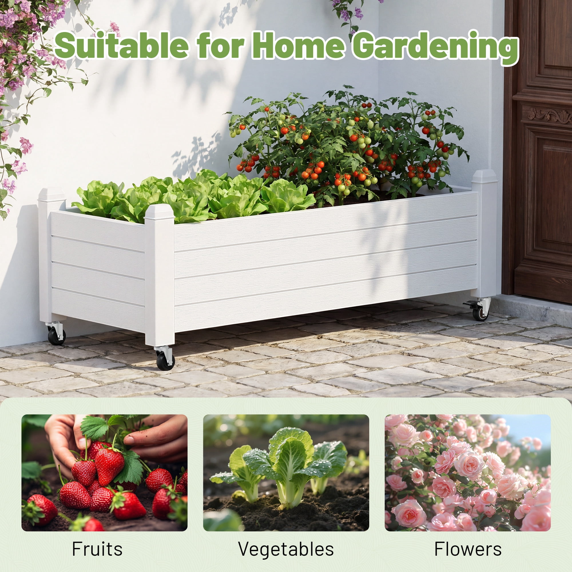 Nihsuao Mobile Raised Garden Bed with Lockable Wheels, Weather-Resistant Wood-Grain Planter Box for Patio, Balcony, Herb & Vegetable Growing, White