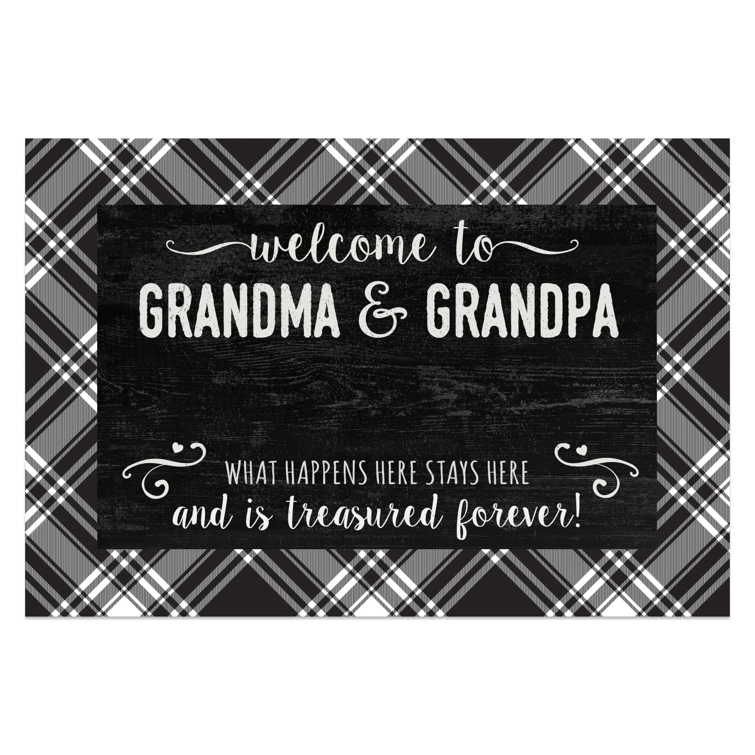 Personalized Planet 27x18 Treasured Forever Welcome to Grandma and Grandpa Doormat with Custom Family Name Printed on Black Rectangular 1/8” Thick Non Slip Mat for Kitchen Hallway Deck or Porch