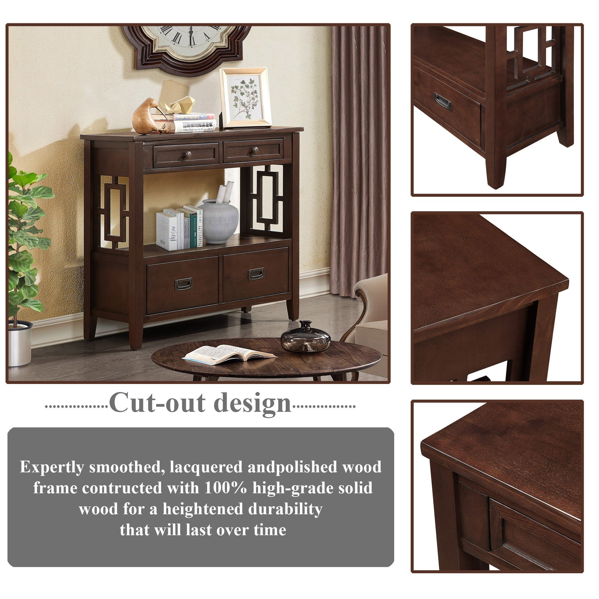 PORKISS Farmhouse Solid Wood Console Table, Entryway Table Hallway Table with 4 Drawers 1 Storage Shelf, Sofa Table for Living Room, Foyer, Espresso