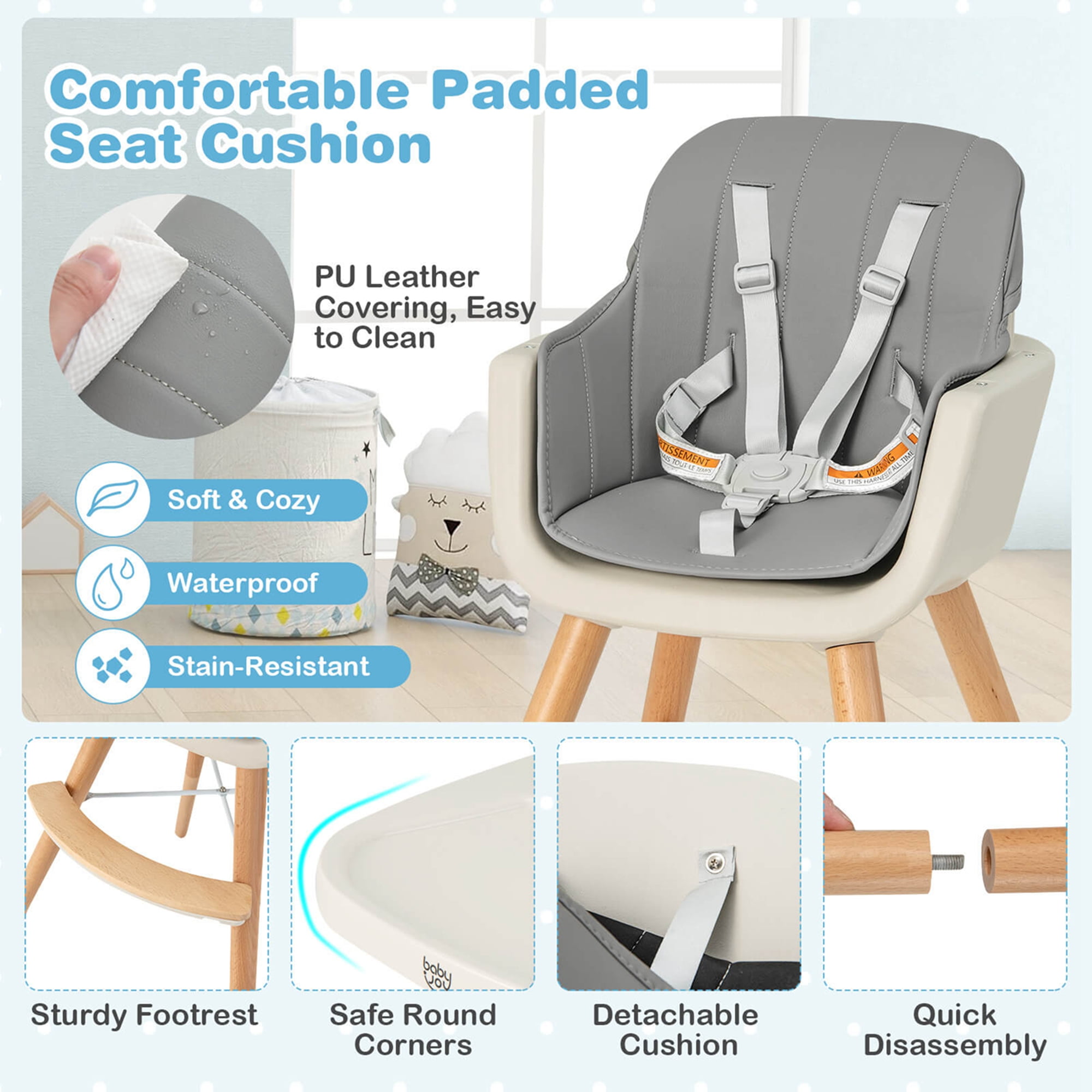 Babyjoy 3 in 1 Convertible Wooden High Chair Toddler Feeding Chair with Cushion Gray
