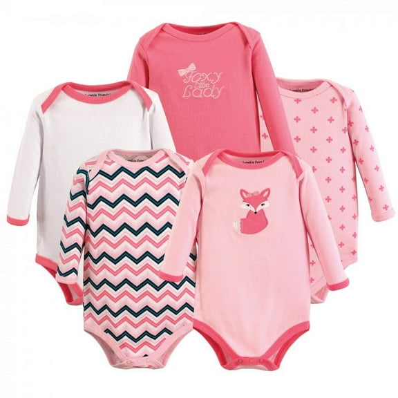 Luvable Friends Baby Girl Cotton Long-Sleeve Bodysuits 5pk, Foxy, 12-18 Months