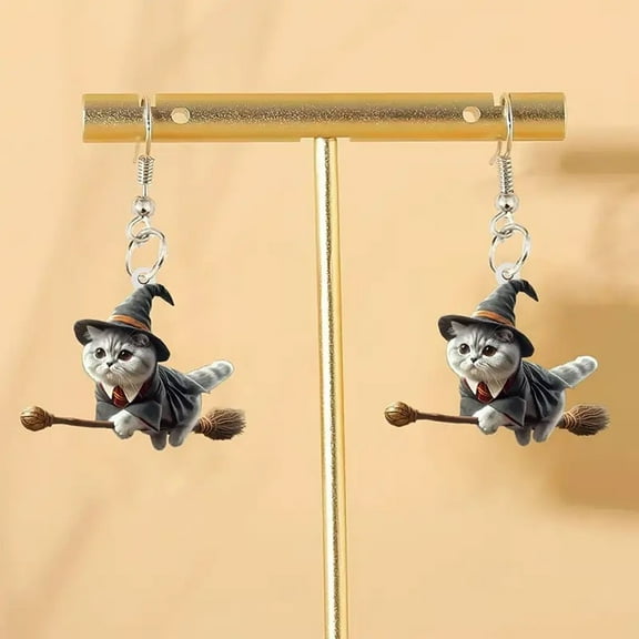 Witch Cat Earrings Broom Trick or Treat Spirit Jack o Lantern Acrylic Dangle Earring