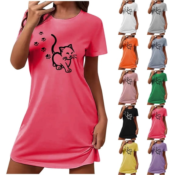 YHAJDS Womens Nightgowns Sleepwear Plus Size Short Print Round Neck Short Sleeve Nightie