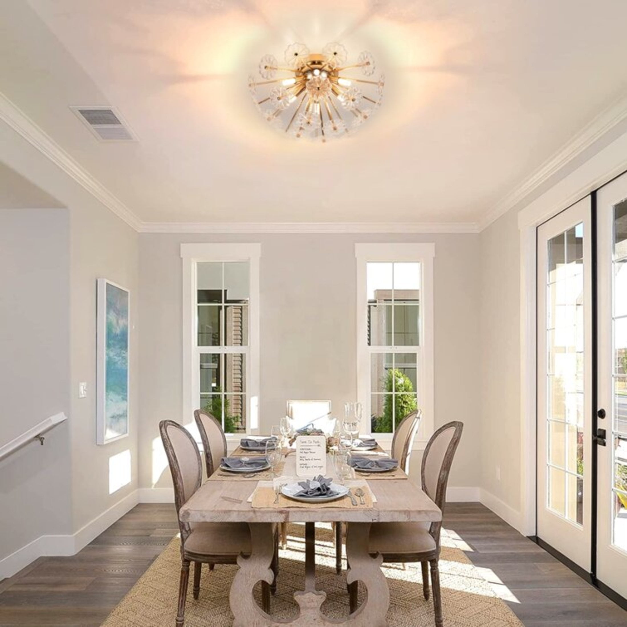 Noble House 19.7" Flush Mount Ceiling Light, Modern Flower Glass Petal Chandelier for Bedroom and Hallway, Golden